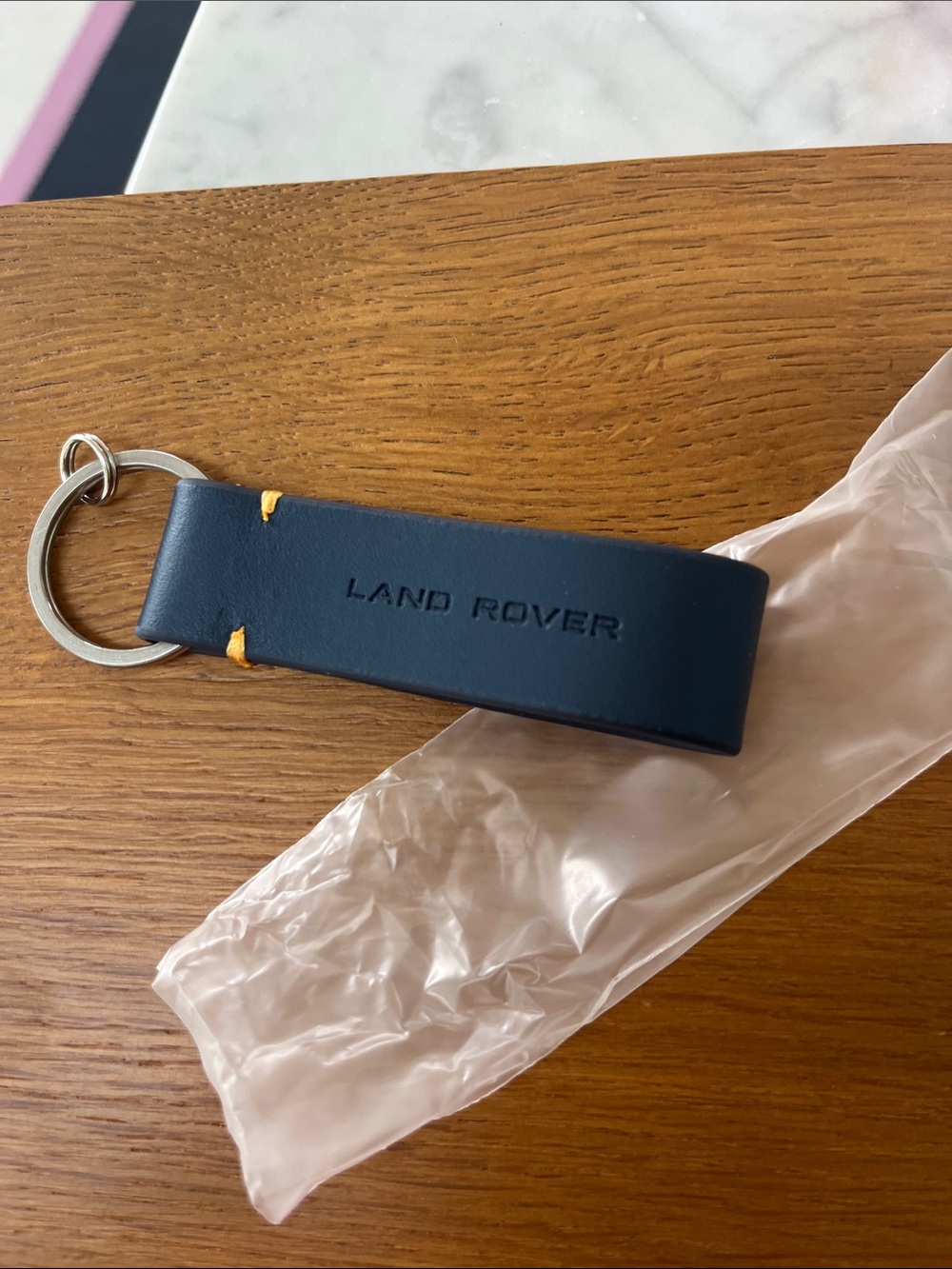 Land Rover Navy Leather Key Fob with Yellow Stitch Accents